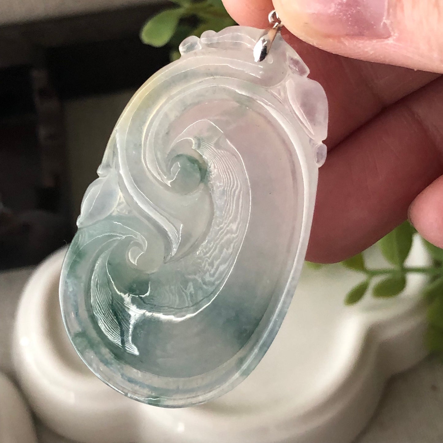 18K Bail 48.5mm Glutinous Jadeite Jade Glossy Ruyi Green Float Flowers Pendant
