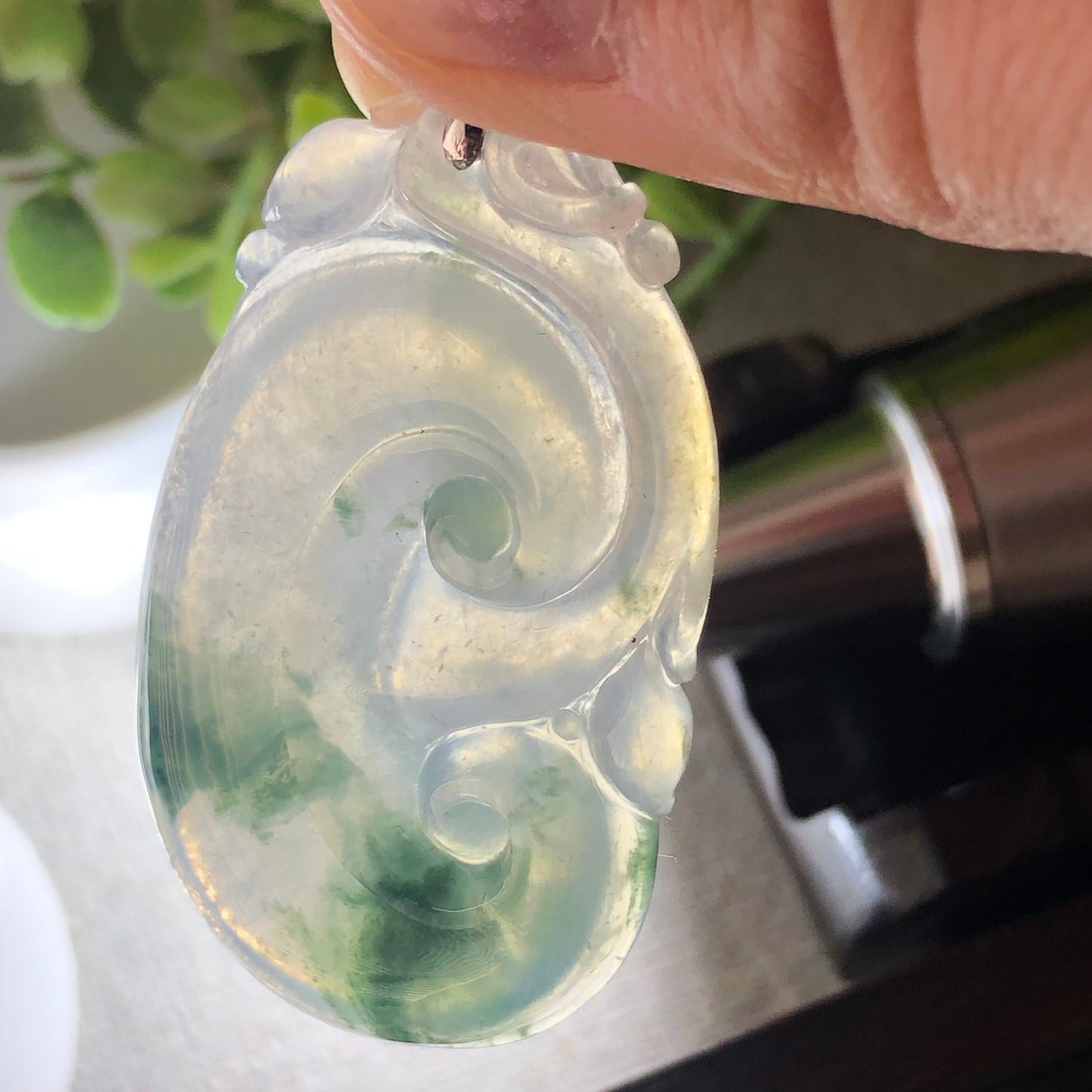 18K Bail 48.5mm Glutinous Jadeite Jade Glossy Ruyi Green Float Flowers Pendant