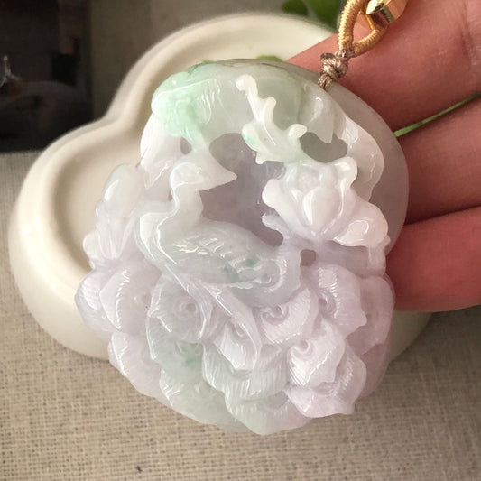51mm  Glossy Lavender Green Jadeite Jade Carved Peacock Pendant