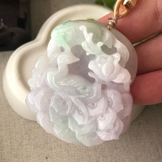 51mm  Glossy Lavender Green Jadeite Jade Carved Peacock Pendant