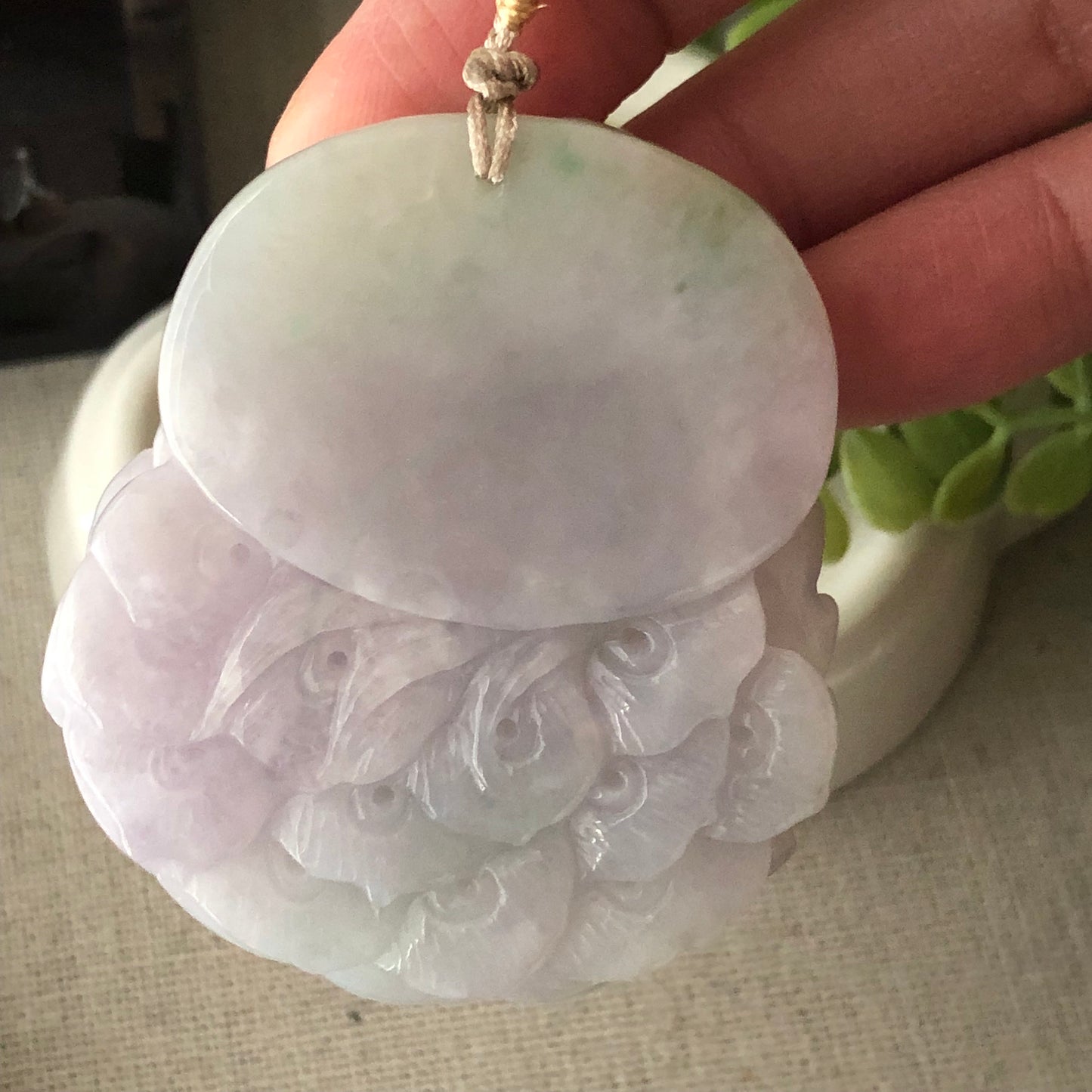 51mm  Glossy Lavender Green Jadeite Jade Carved Peacock Pendant
