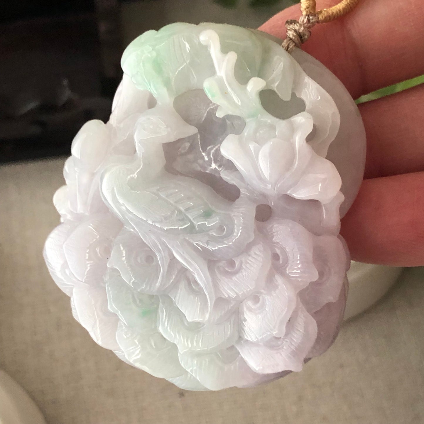 51mm  Glossy Lavender Green Jadeite Jade Carved Peacock Pendant