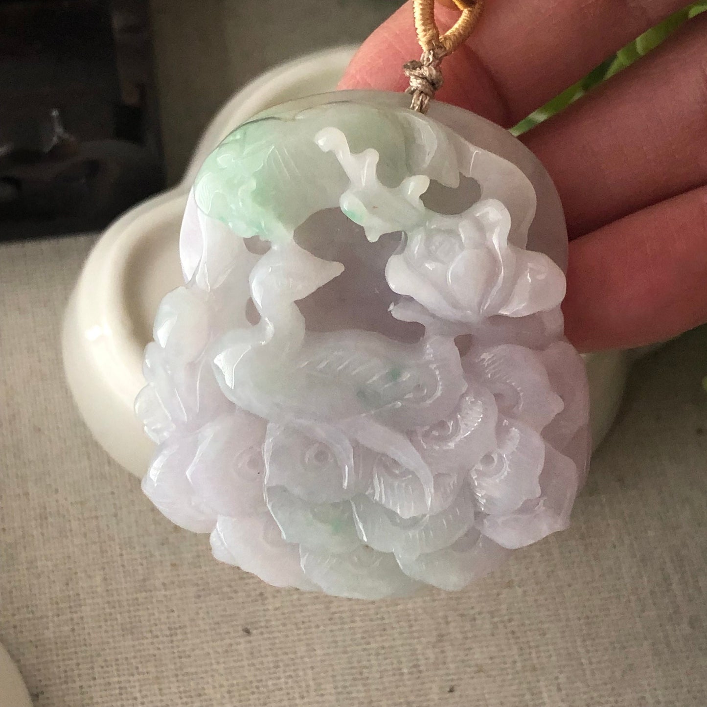 51mm  Glossy Lavender Green Jadeite Jade Carved Peacock Pendant