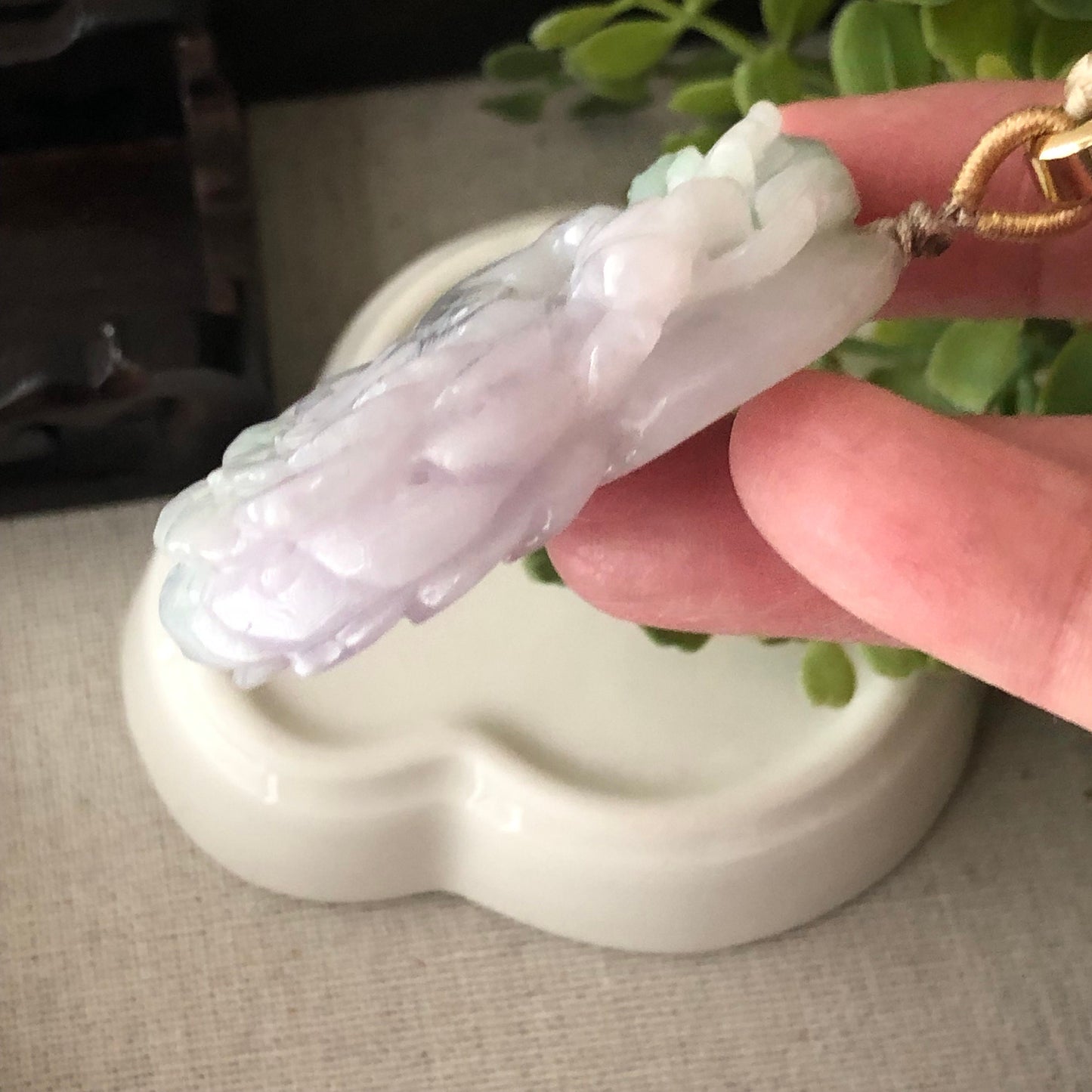 51mm  Glossy Lavender Green Jadeite Jade Carved Peacock Pendant