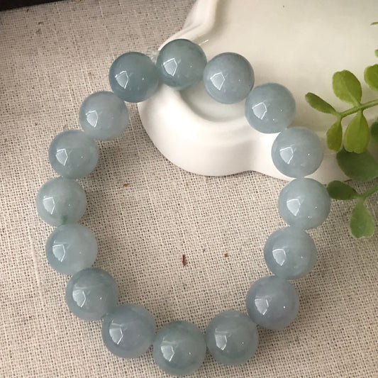 13.5 mm Glossy Moist Blue Green float flowers Jadeite Jade Bead Bracelet