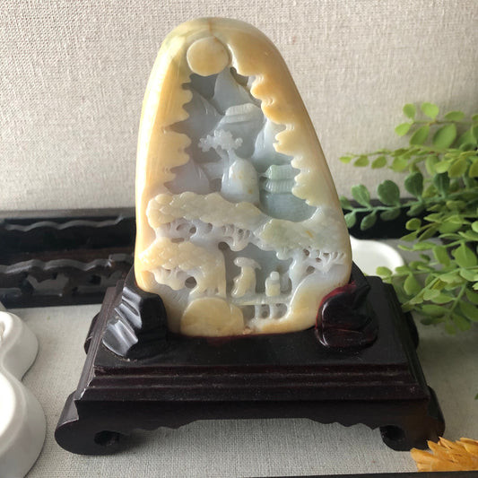 106mm Yellow Brown Jadeite Jade Carved Landscape Trees Mountain Display Statue