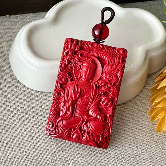 47.8mm Cinnabar Carved Guanyin Dragon Pendant