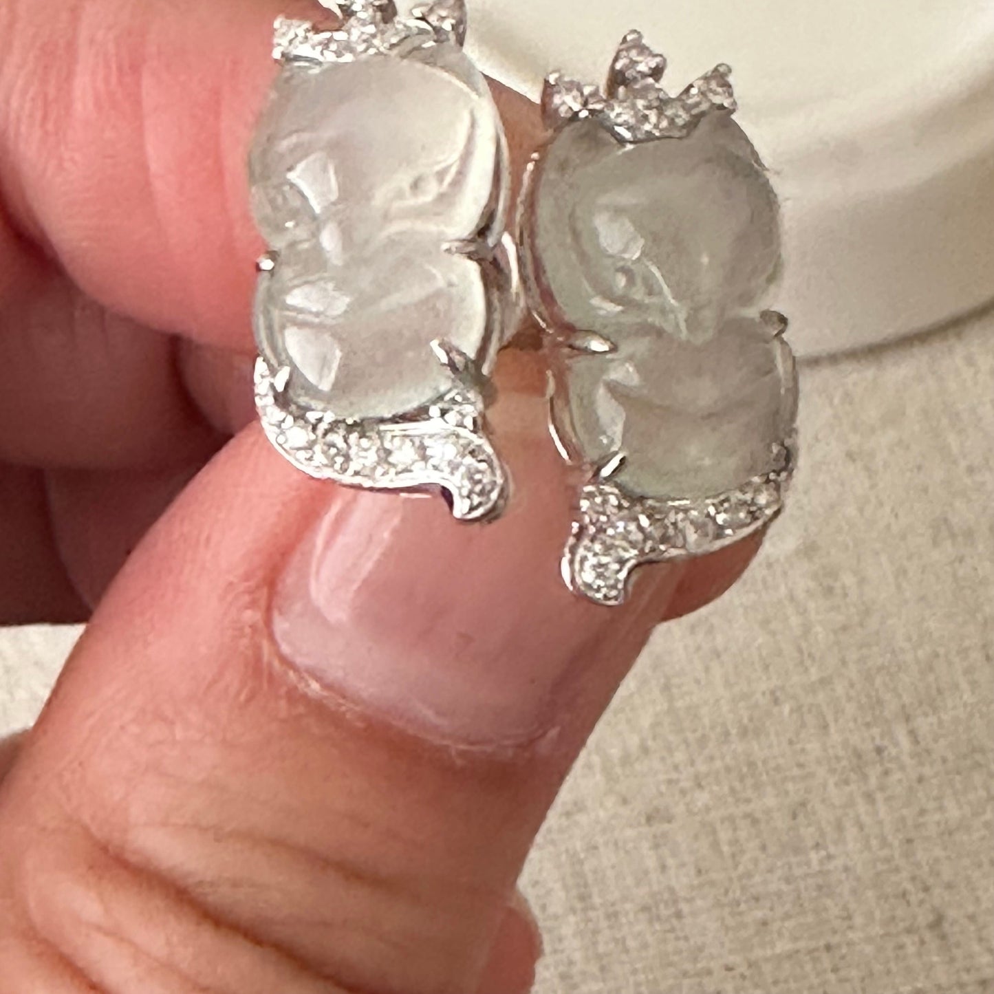 18K White Gold Kitsune Fox Icy Glossy Earring Diamonds