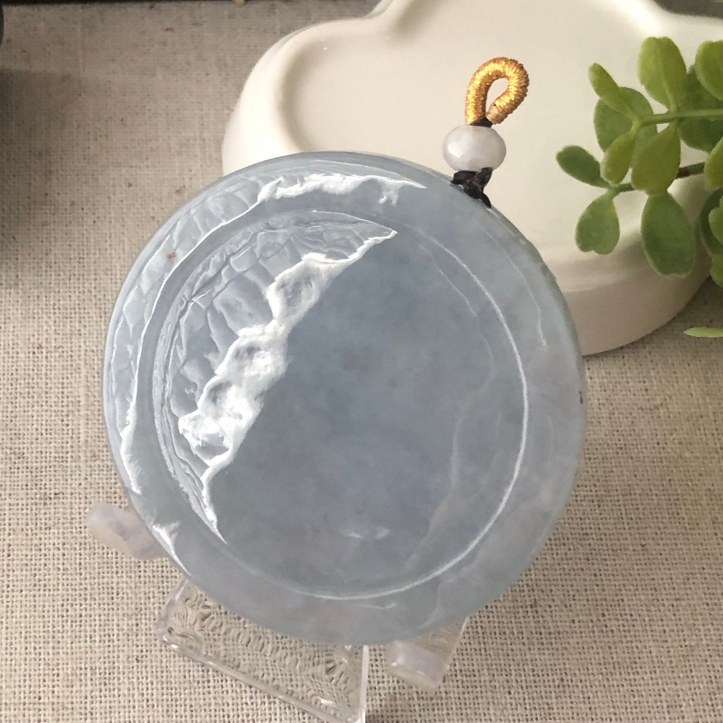 56 mm Icy Lavender Blue Jade Guanyin Phoenix Flower Pendant