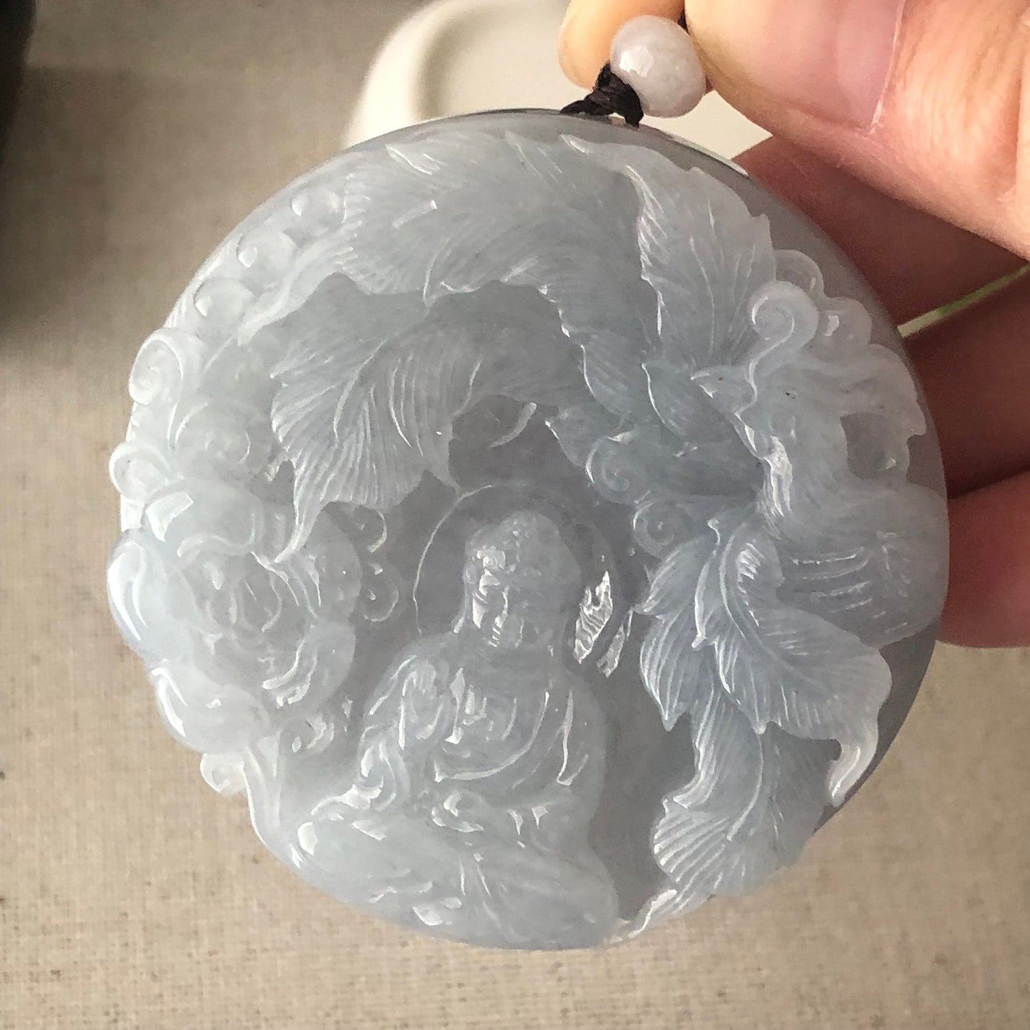56 mm Icy Lavender Blue Jade Guanyin Phoenix Flower Pendant