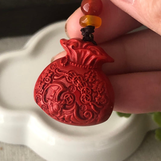 24 mm Cinnabar Carved Money Bag Carved Asian Character Key Charm Pendant