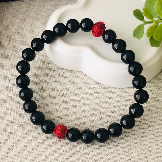 8 mm Icy Glossy Omphacite Jade Bead  Bracelet with Cinnabar
