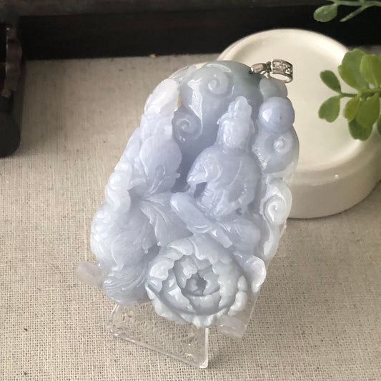 65.7 mm Icy Lavender Blue Jade Guanyin Phoenix Flower Pendant