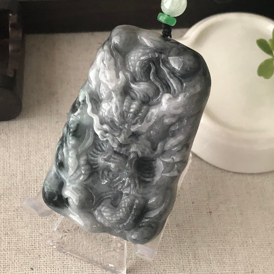 66.6mm Jadeite Jade Wuji Grey Carved Dragon Pendant