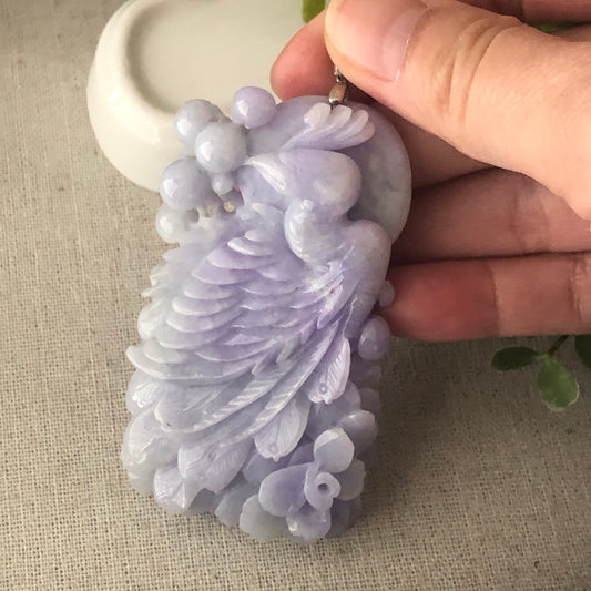 73mm Lavender Jadeite Jade Carved Phoenix Pendant