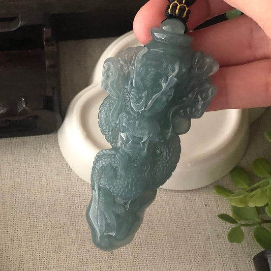 75mm Icy Blue Guatemalan Jade Carved Dragon Pendant