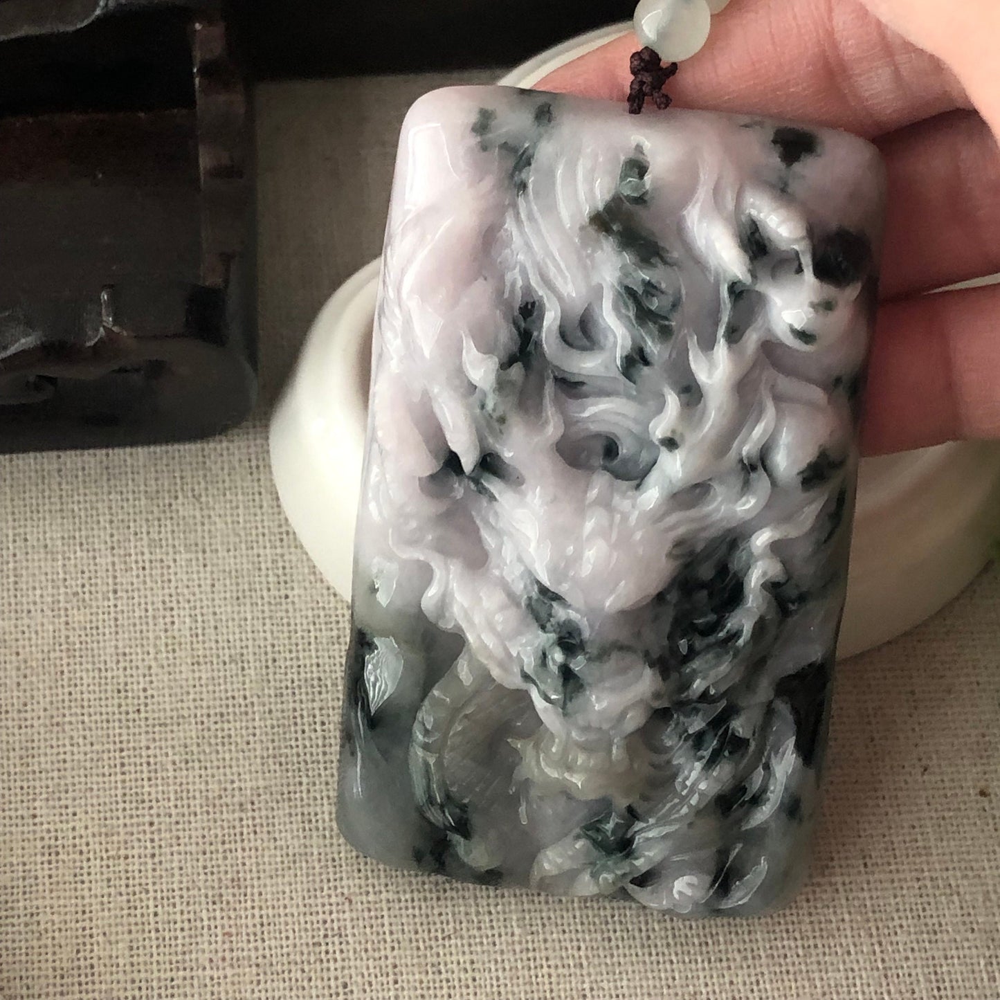 75mm Light Lavender Green Float Flowers Jadeite Jade Carved Dragon Pendant