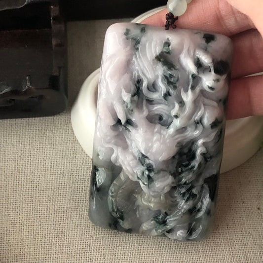 75mm Light Lavender Green Float Flowers Jadeite Jade Carved Dragon Pendant