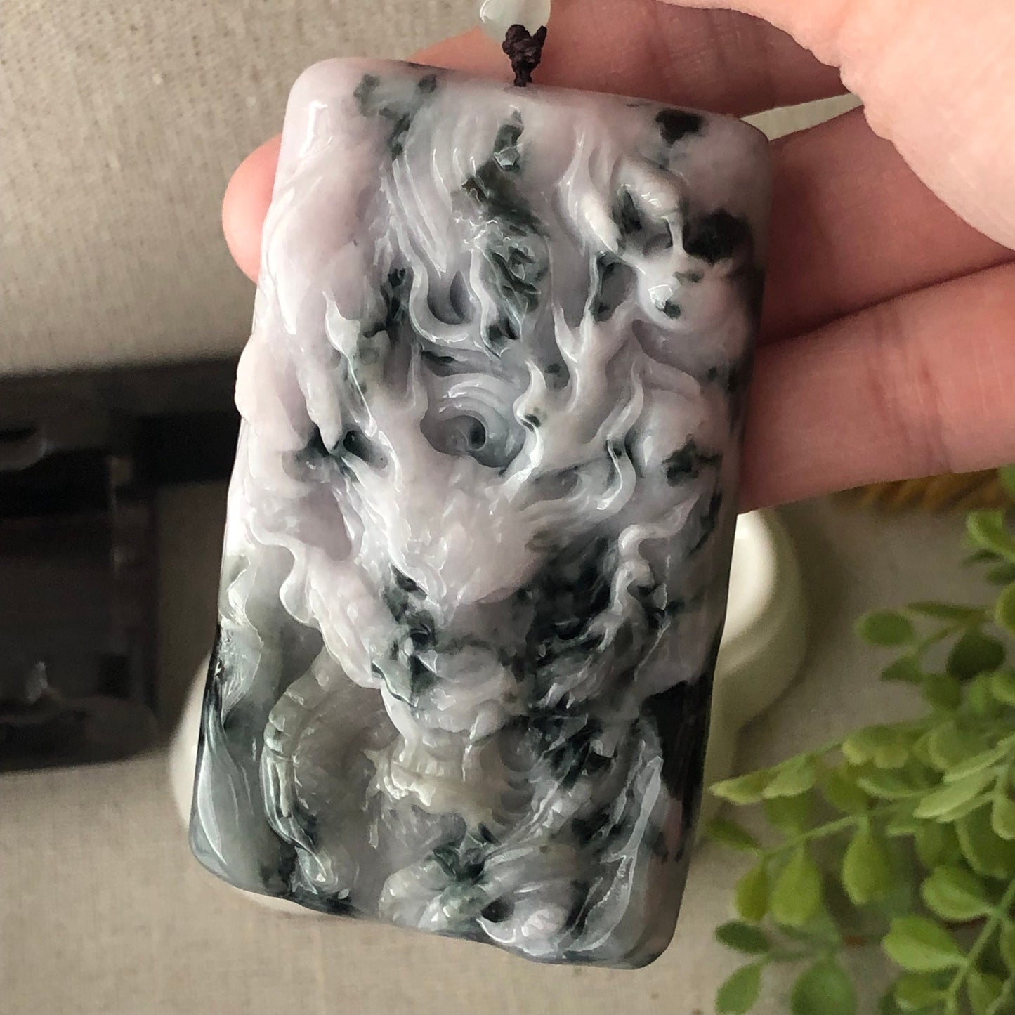 75mm Light Lavender Green Float Flowers Jadeite Jade Carved Dragon Pendant