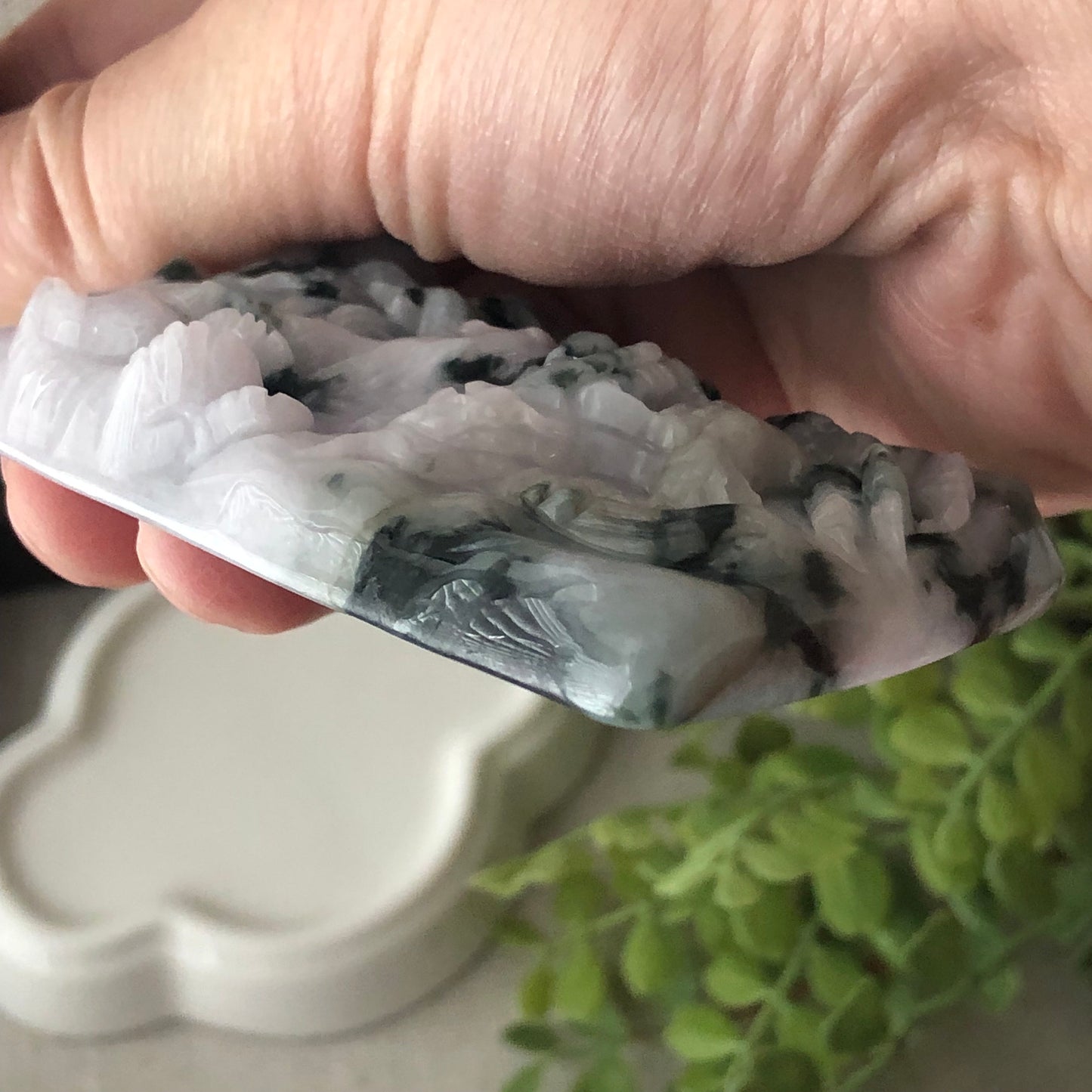 75mm Light Lavender Green Float Flowers Jadeite Jade Carved Dragon Pendant