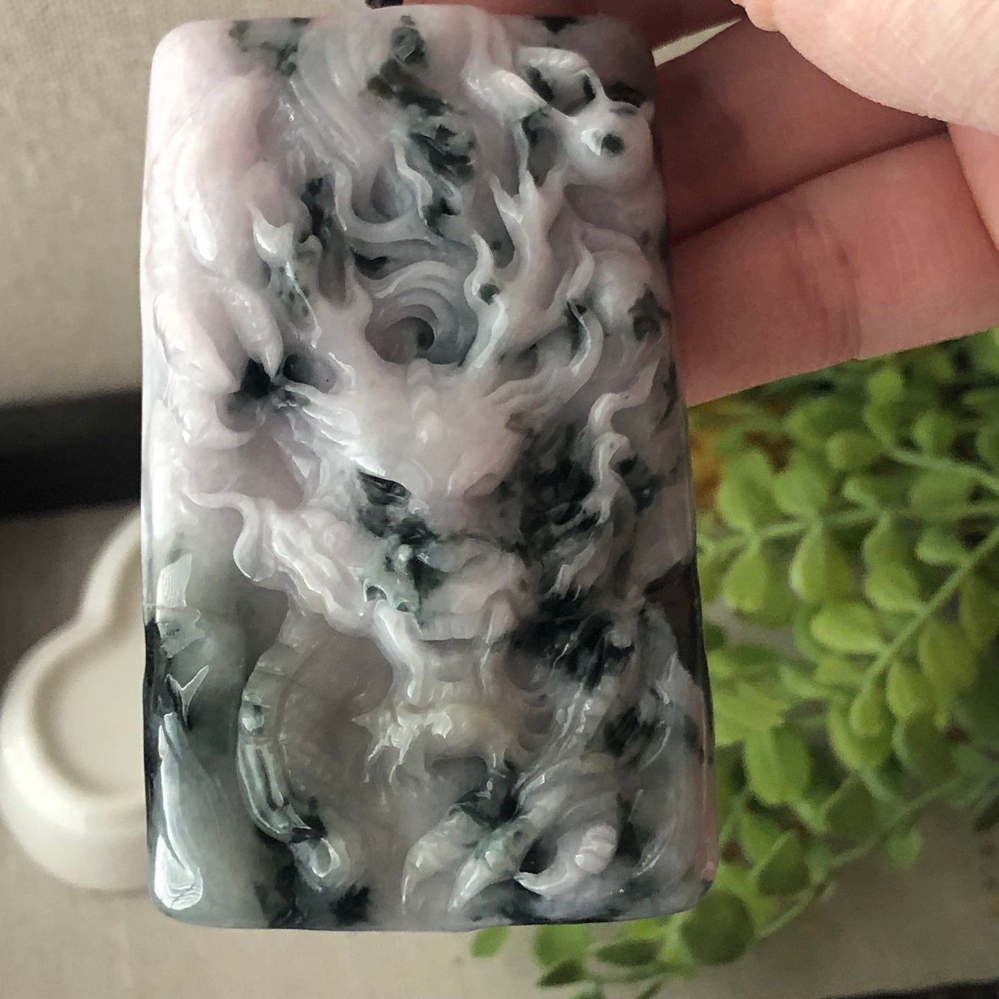 75mm Light Lavender Green Float Flowers Jadeite Jade Carved Dragon Pendant