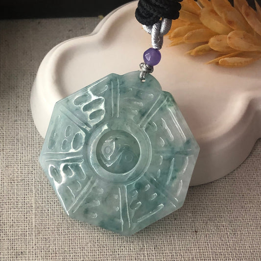 46 mm Green Jadeite Jade Carved Bai Gua Pendant