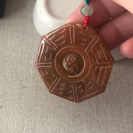 41 mm Red Brown Jadeite Jade Carved Bai Gua Pendant