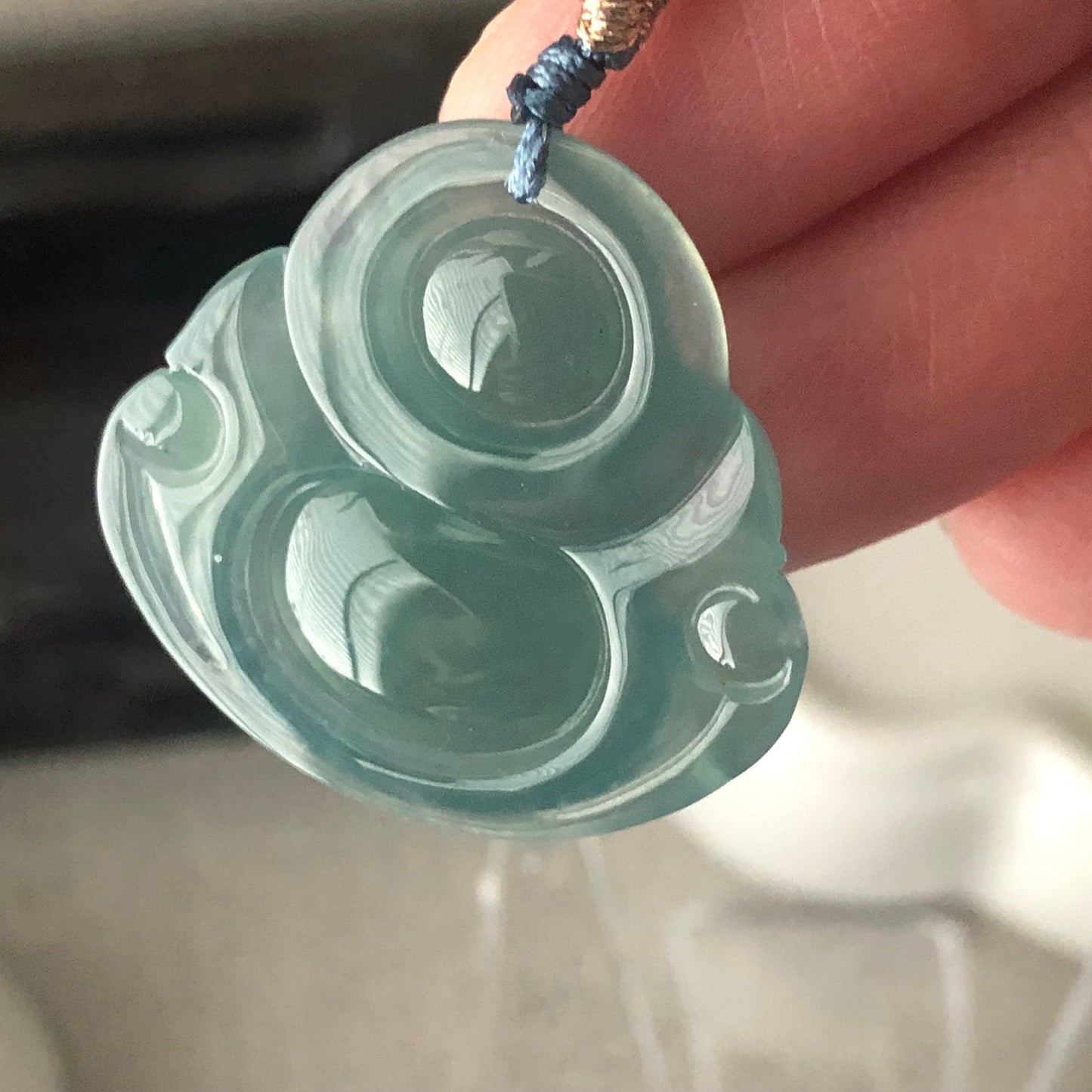 26mm Icy Blue Green Jadeite Jade Carved Happy Buddha Charm Pendant