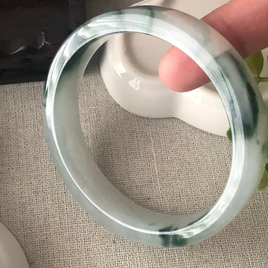 57mm Icy Green Float Flowers Square Shaped Jadeite Jade Bangle
