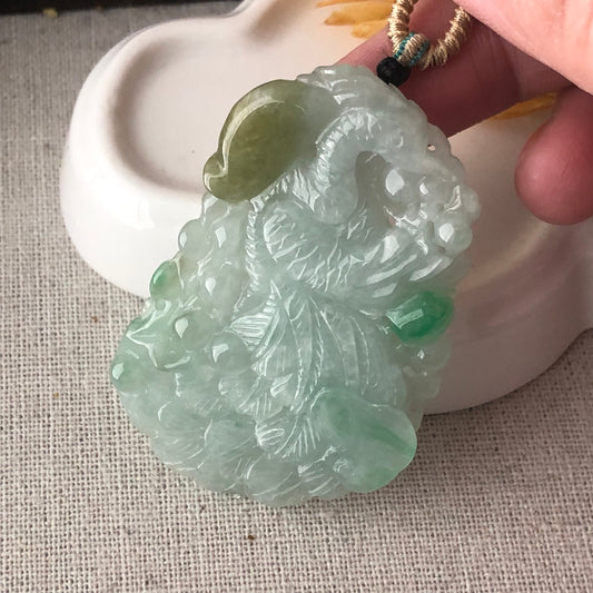 52.3mm Yellow Green Jadeite Jade Carved Phoenix Pendant