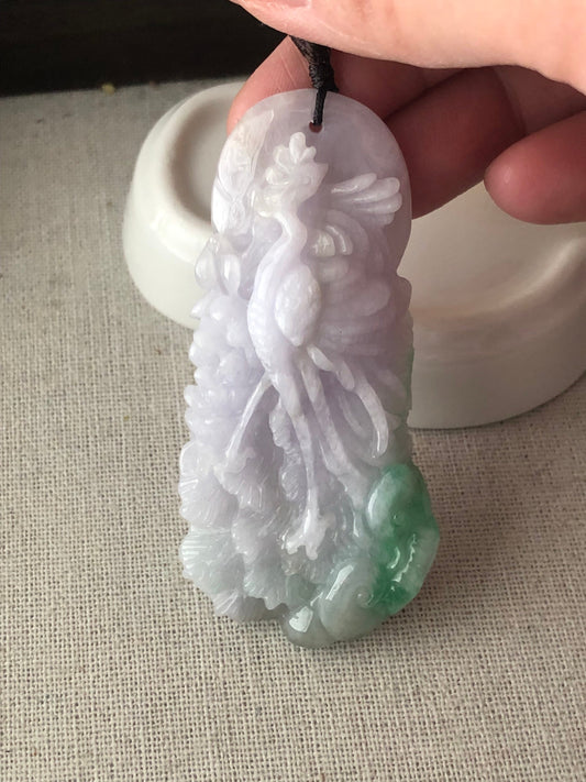 69mm Lavender Green Jadeite Jade Carved Phoenix Pendant