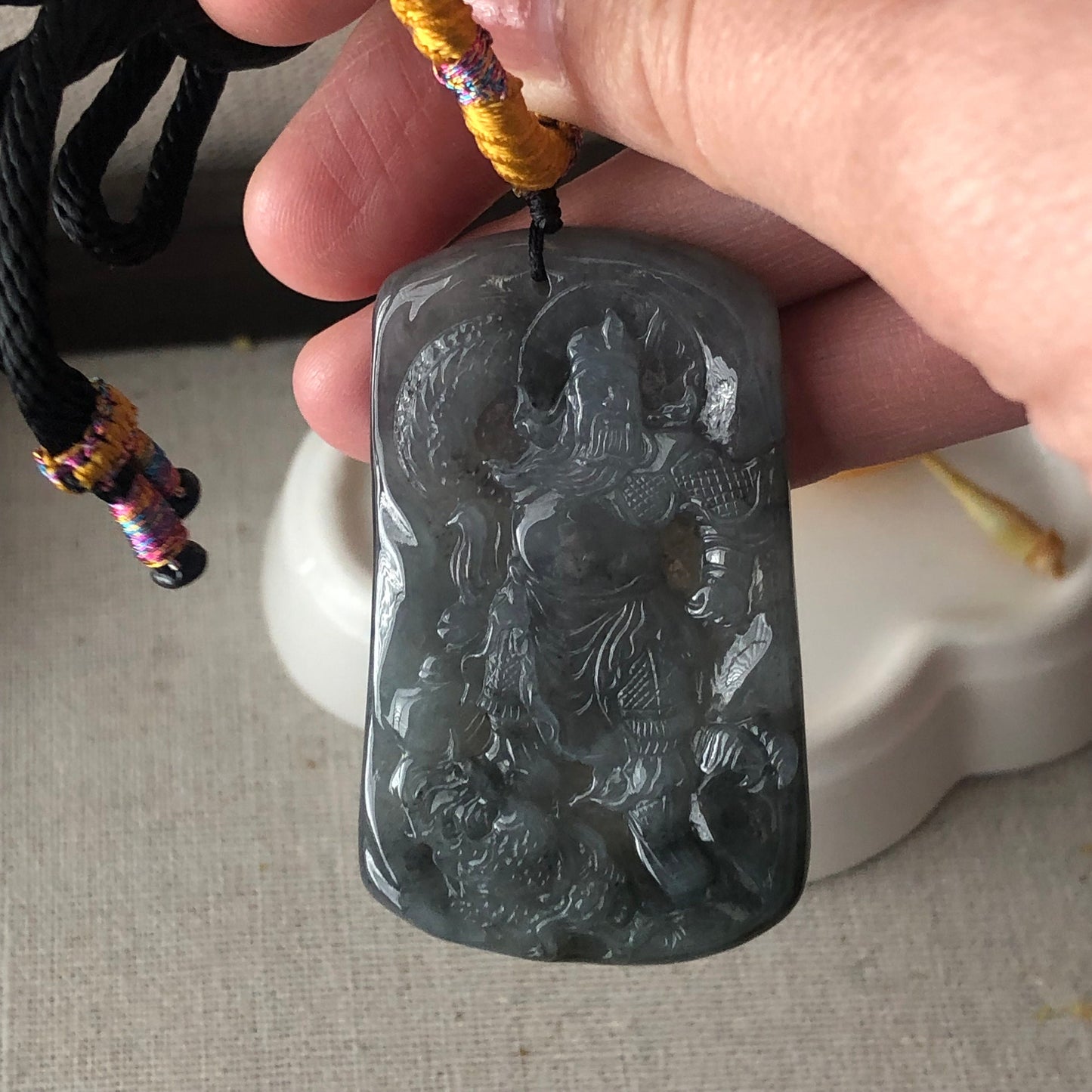 55mm Wuji Jadeite Jade Carved Chief God 關二爺 Pendant