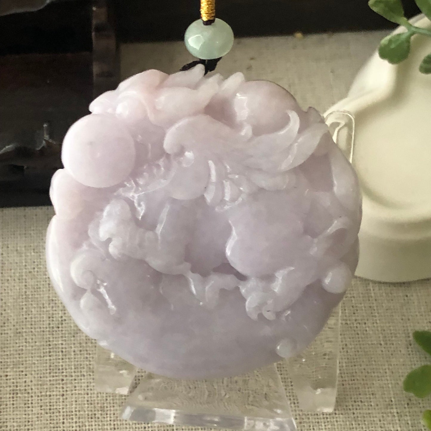 53mm Lavender Jadeite Jade Carved Flying Pixiu Ruyi Clouds Pendant