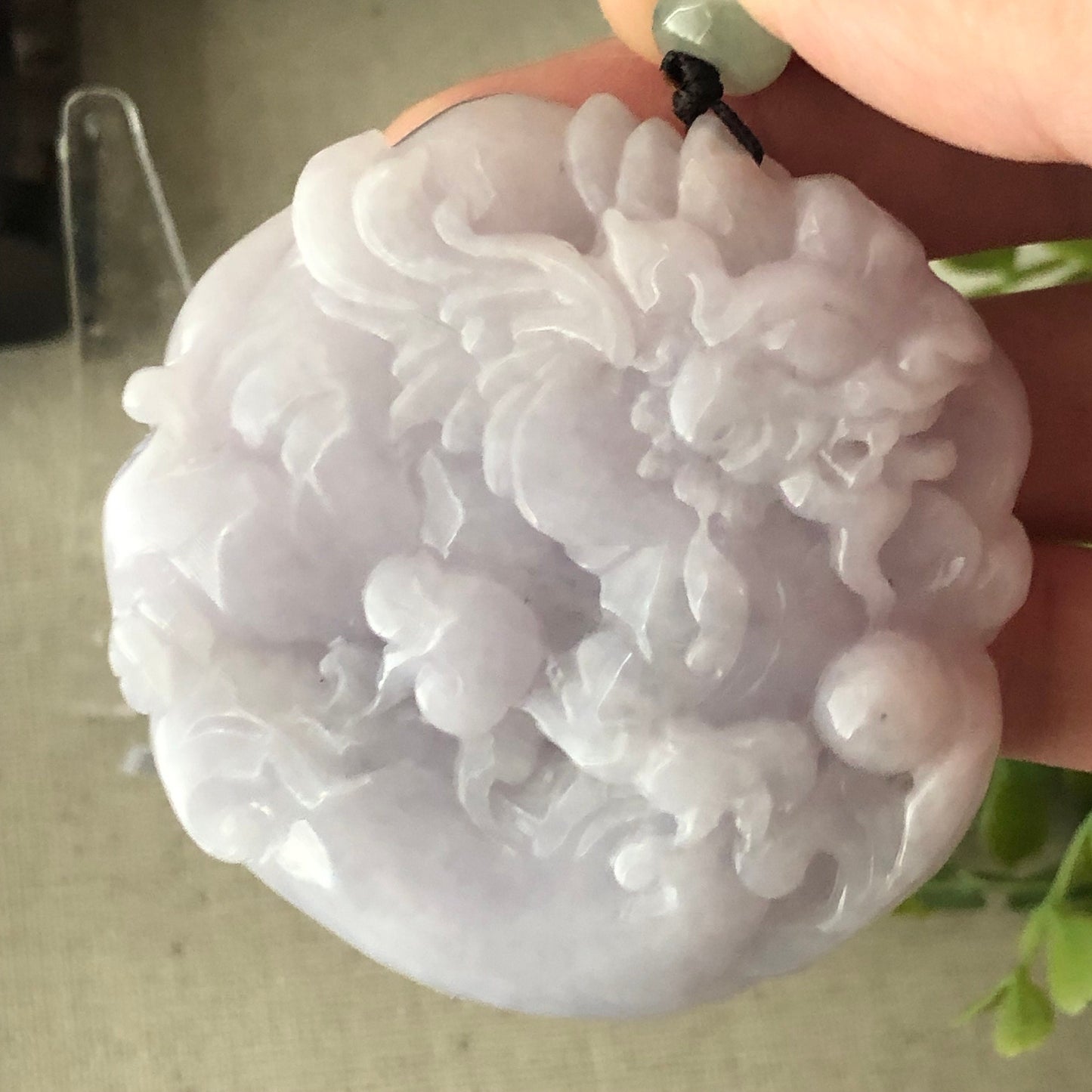53mm Lavender Jadeite Jade Carved Flying Pixiu Ruyi Clouds Pendant