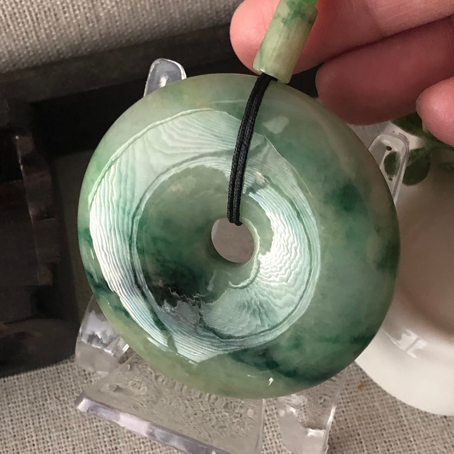 50mm Big Jadeite Jade Yellow Green Float Flowers Donut Pendant