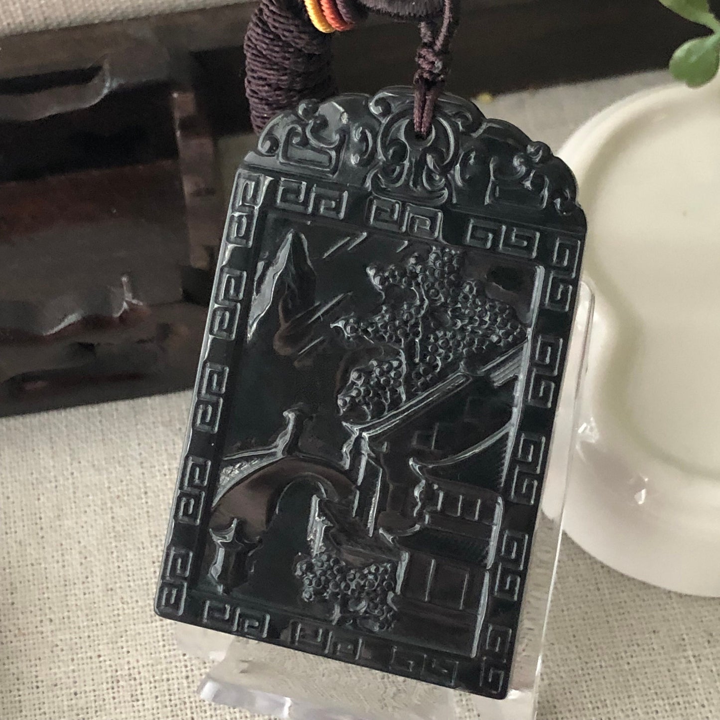 63.6 mm Icy Wuji Jadeite Jade Carved Landscape Mountain Tree Pendant