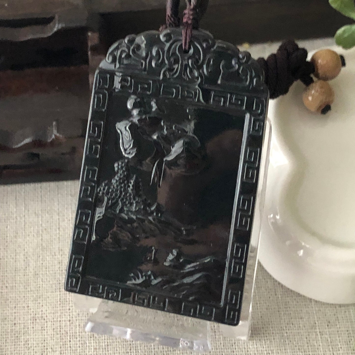 63.6 mm Icy Wuji Jadeite Jade Carved Landscape Mountain Tree Pendant