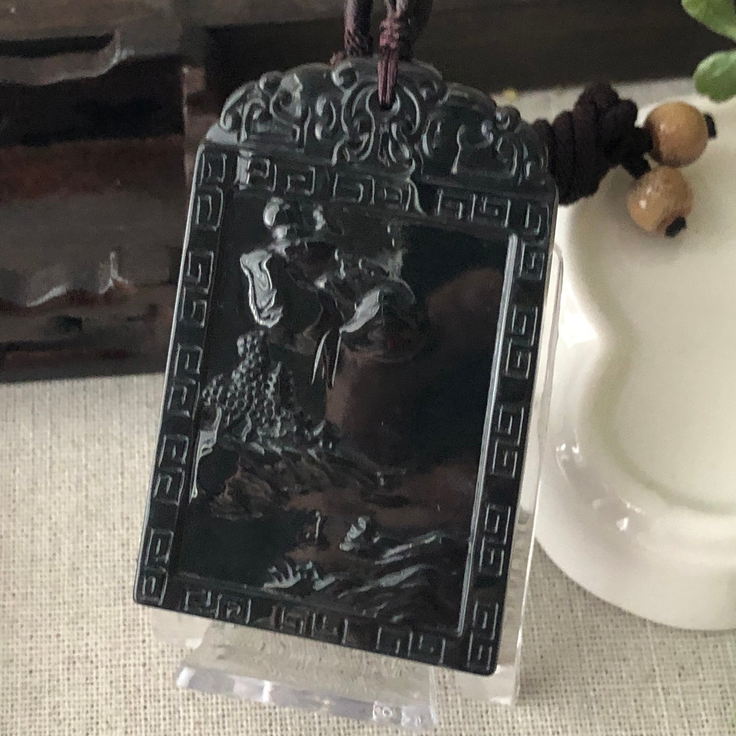 63.6 mm Icy Wuji Jadeite Jade Carved Landscape Mountain Tree Pendant