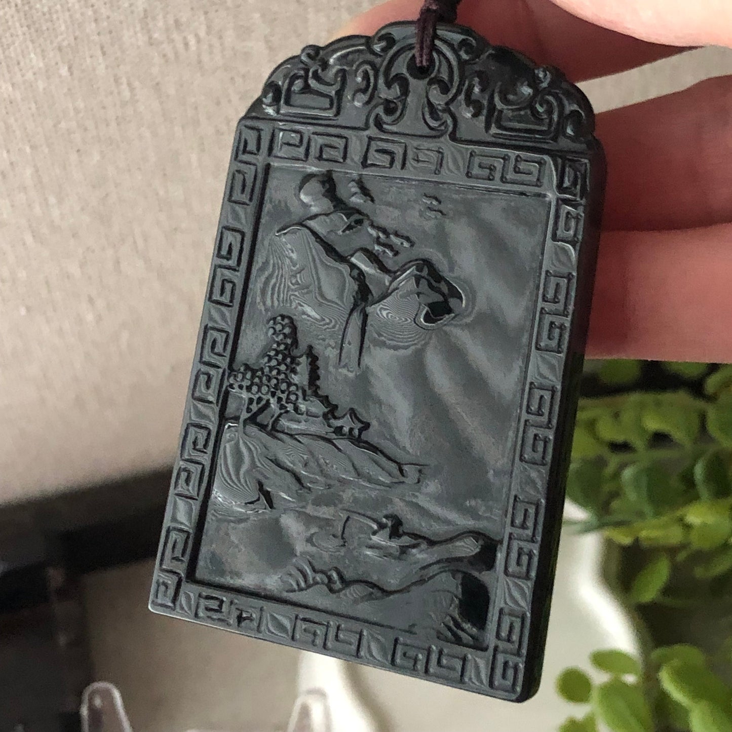 63.6 mm Icy Wuji Jadeite Jade Carved Landscape Mountain Tree Pendant