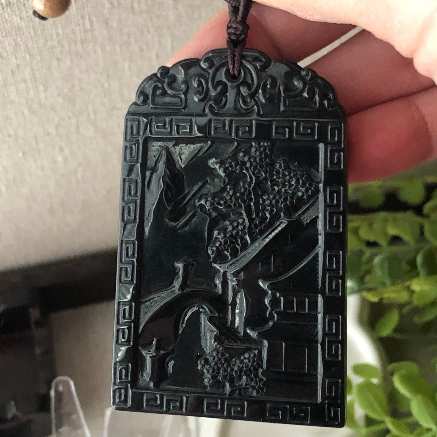 63.6 mm Icy Wuji Jadeite Jade Carved Landscape Mountain Tree Pendant