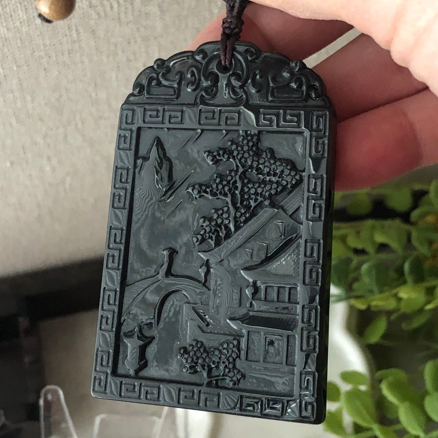 63.6 mm Icy Wuji Jadeite Jade Carved Landscape Mountain Tree Pendant