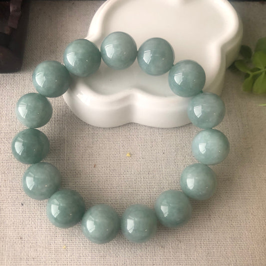 14.5mm Sweet Green Jade Jadeite Glossy Round Bead Bracelet