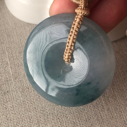 38.5mm Blue Glow Green Float Flowers Jadeite Jade Peace Donut Pendant