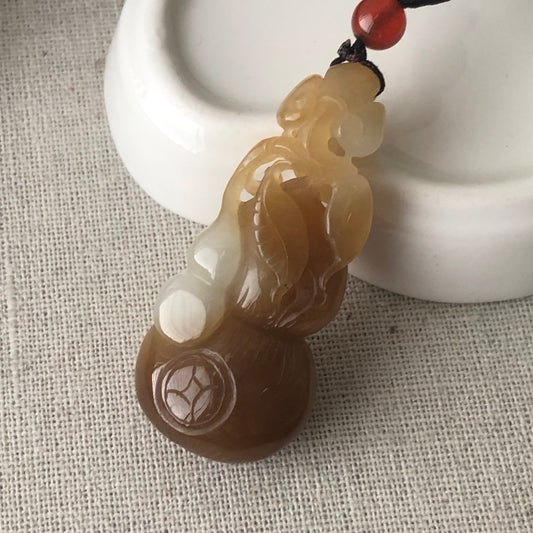 49mm Brown Hetian Jade Carved Hulu Gourd Ruyi Pendant