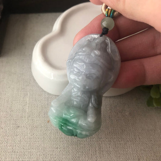 48.6mm Wuji Green Jadeite Jade Carved Monkey King Pendant