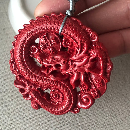 50mm Cinnabar Carved Dragon Lucky Coin Pendant