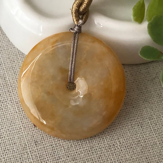 32mm Jadeite Jade Yellow Brown Peace Donut Pendant