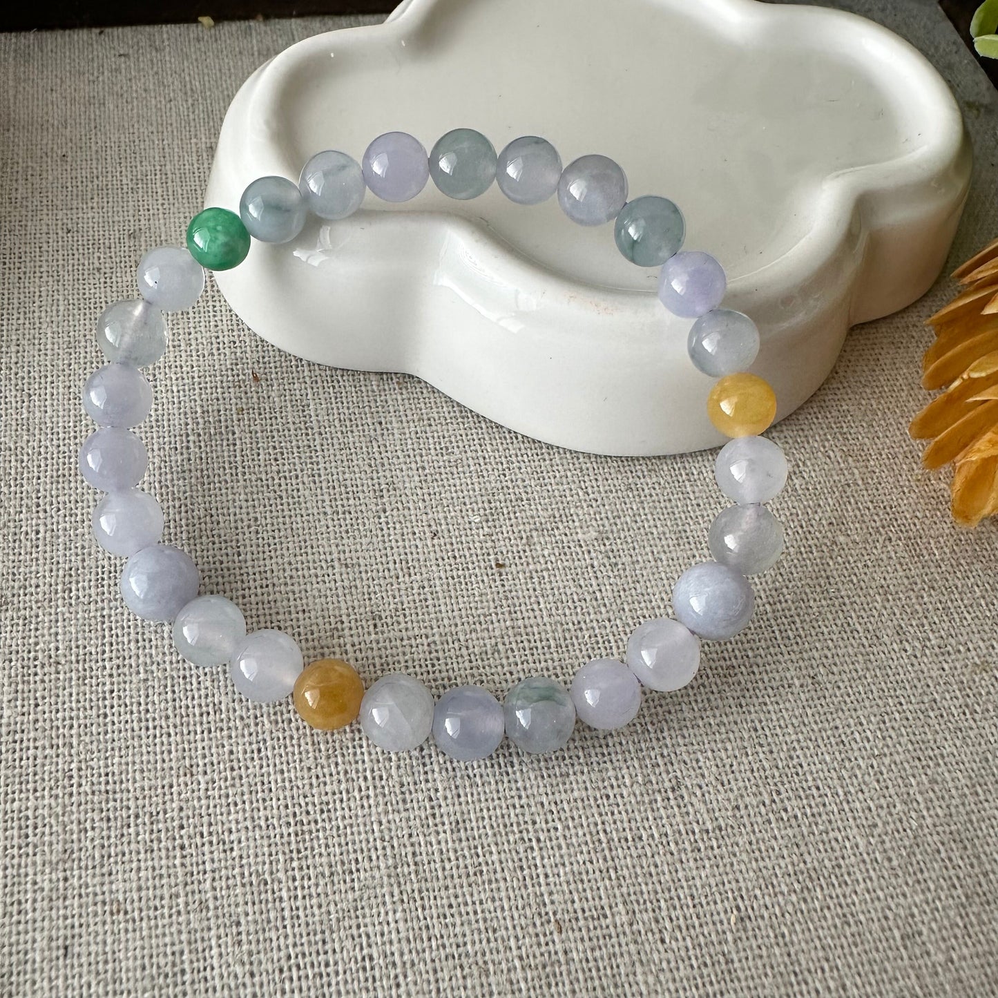 6mm Light Lavender Green Yellow Blue Float Flowers Jadeite Jade Bead Bracelet