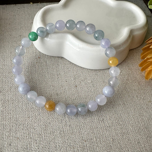 6mm Light Lavender Green Yellow Blue Float Flowers Jadeite Jade Bead Bracelet