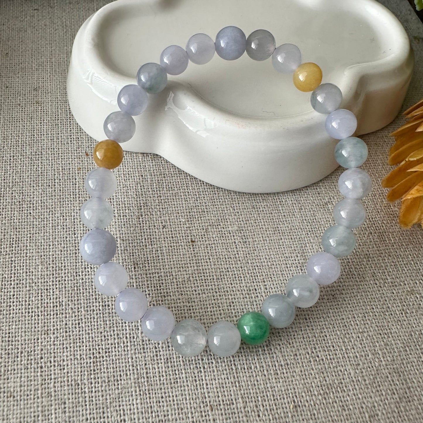 6mm Light Lavender Green Yellow Blue Float Flowers Jadeite Jade Bead Bracelet